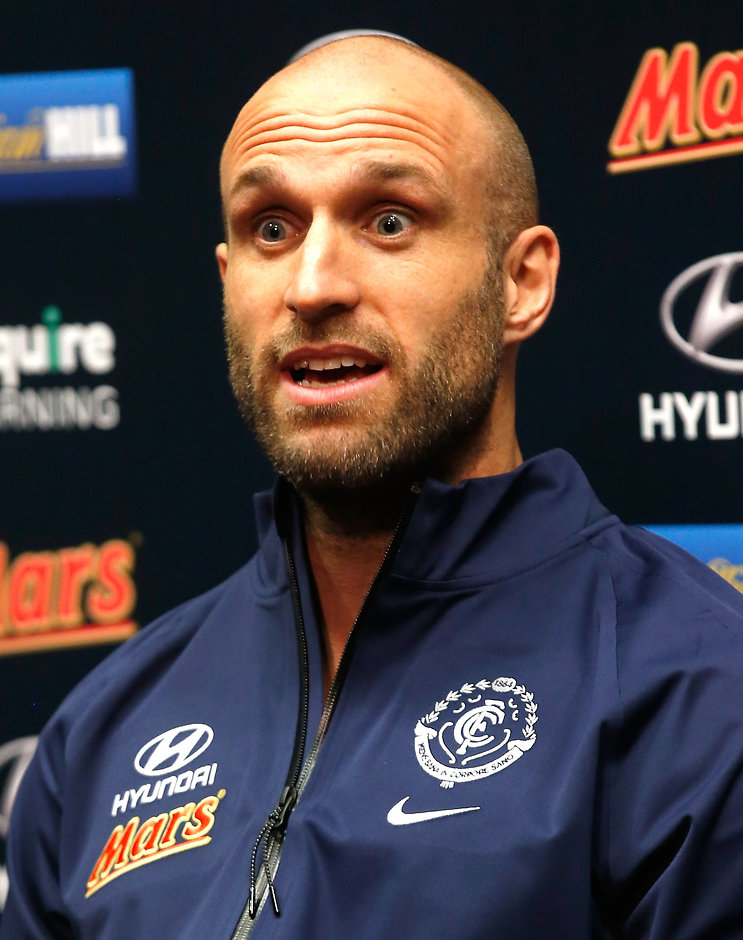 AFL 2015 Media - Chris Judd Press Conference Chris Judd of the Blues addresses the media after announcing his retirement during a Carlton Blues press conference at Ikon Park, Melbourne on June 09, 2015. (Photo: Michael Willson/AFL Media)